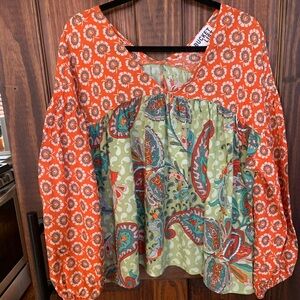 BUCKETLIST Orange and Green Floral Blouse M